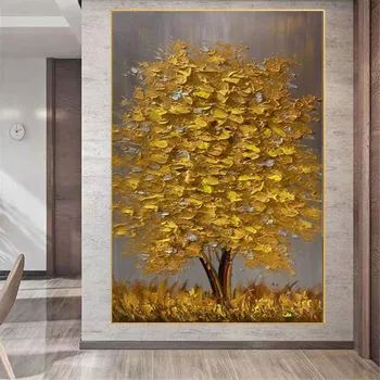 100% Ръчно рисувани Абстрактна Живопис с маслени бои Златното Дърво Дебела Текстура Стенни живопис Платно Картина за дома Всекидневна Интериор на Хотела