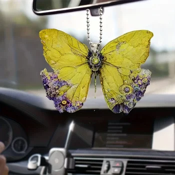 1бр Акрилна Висулка във формата на жълта пеперуда за кола, Комплект за интериора на колата, Аксесоари за огледала за обратно виждане, аксесоари за празнична украса