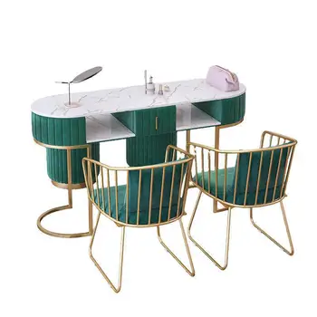 2022 евтини търговски салон за красота мраморна маса за грижа за ноктите в розово-зелен набор от столове ноктите салон маса за нокти
