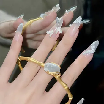 24 бр. Дизайн на въздушната нокти с 3D сребърна пеперуда, Носене на лак, акрилен лак, с овална глава, Изделия със средна дължина за нокти