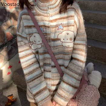 Demisezonnyj Жилетка в стил Харадзюку с бродерия във формата на куче Kawai, женски чист вязаный пуловер райе, скъпа жилетка с цип за момичета, топ от кардигана с цип