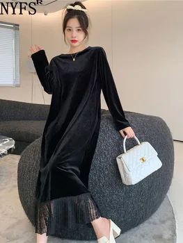 NYFS 2023 Есен Нова Корейска Женствена Рокля Vestidos Robe Elbise Свободни Плюс Размера на Кадифе Лоскутные Нагънат Дълги Дантелени Рокли