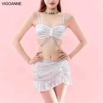 VigoAnne Монофонични Секси Комплект от бикини с пола Verge от 3 части, Женски бански повдигащ с завязками 2024 година, Корейски Кухи бански с отворен гръб