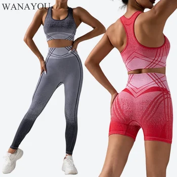 WANAYOU 2 елемента. Градиентные комплекти за йога за жени, подтягивающие бедрата, панталони за фитнес с висока талия, Безшевни спортни сутиени, гамаши за йога, спортни къси панталони