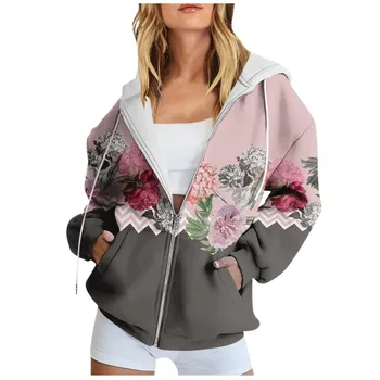 Women ' s Long Sleeve Floral Print Sweatshirt Long Sleeve Pocket Яке Zipper Hoodie Coat якета, есенни женски chaqueta mujer