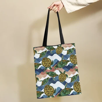 Yikeluo Art с принтом под формата на морски костенурки в ивица, дългогодишна множество холщовая чанта, тийнейджърката ежедневна чанта с животни, женствена чанта за пазаруване