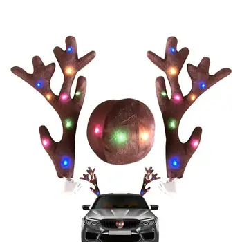 Автомобилен комплект с коледни оленьими рога, Коледен костюм на елен, автоукрашение кола, Коледен комплект декор на автомобила, комплект за кола с елени
