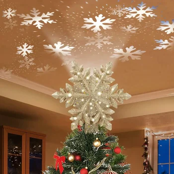 Върхът на коледната елха, осветени проектор снежинки, 3D-кухи върхът на снежна коледна елха с пайети за декорация на коледната елха