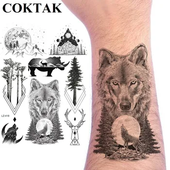 Голям Черен Вълк, Планина, Лунно дърво, Временни татуировки по поръчка За мъже, Татуировка на ръката до лакътя, Татуировки с пренасяне на вода, Боди-арт, Дърво