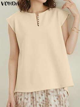 Дамски елегантни ризи VONDA 2024, реколта однотонная блуза, сексуална офис дамски ризи с V-образно деколте, ежедневни свободна модерна блуза Оверсайз