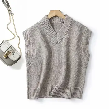 Дамски есен 2023, нова мода, дебел топъл случайни вязаный без жилетка, пуловер, пуловер без ръкави с V-образно деколте в стил ретро, шик върха.
