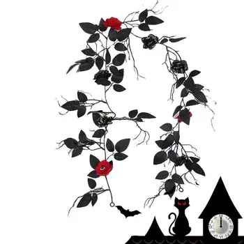 Декор гирлянди от черни листа на Хелоуин Черни листа с червена роза 5,6 фута Изкуствен декор Венец от кленов листа САМ Фалшива венец
