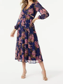 Жена пролетта и есента рокля макси с миризмата, ежедневни, плажни рокли в стил бохо с флорални V-образно деколте и дълъг ръкав