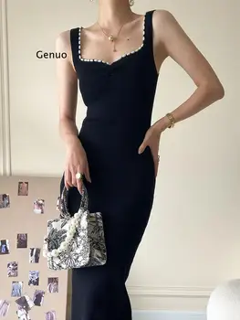 Женствена рокля с тънки спагети презрамки от Ледената Коприна с квадратна яка, Елегантна Миди, Черни вечерни рокли, Дамско Лятото Дебнещ рокля 2022