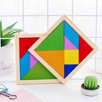Забавни за децата от Цветни дървени играчки-пъзели Геометрични Танграмы Пъзели Дъски Играчки Детски играчки за ранно обучение Пъзели