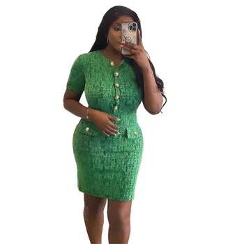 Зелена обтягивающее къса рокля с принтом 2024, Ново постъпването на жената лятото мини-рокля с кръгло деколте и висока талия, с къс ръкав, Офис дамски дрехи
