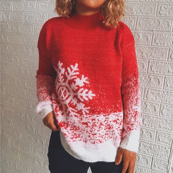Зимни женски пуловер, коледна дрехи, полупрозрачна поло с дълги ръкави, топли вязаный червен пуловер с модел под формата на снежинки, цветен блок