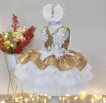 Златна блестяща рокля-пакет за малки момичета, расшитое пайети рокля за парти за деца рокля за фотосесия, една рокля за кръщение, рокля за рождения ден с лък
