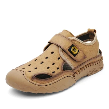 Класически мъжки летни сандали голям размер, кожени мъжки чехли, дишащи дизайнерски плажни римски сандали, брандираната нескользящая мъжки обувки
