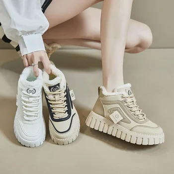Корейската версия на дамски обувки, зимни модни плюшен изолация, нескользящая обувки на плоска подметка с приповдигнато дъно, тенденция Спортни ежедневни обувки Ins