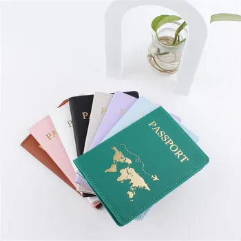 Корици за паспорти с карта на света, изкуствена кожа, персонални женски калъф за американски паспорт за Америка, мъжки калъф за документи за пътуване