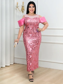 Луксозно Блестящо Женски официална вечерна рокля с открити рамене, розово дълго празнична рокля за рождения ден на известни личности, Плюс размер 4XL, Новост