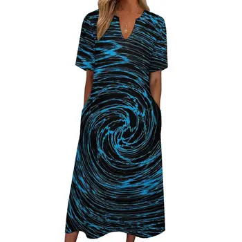 Лятна рокля за плитчина със синьо вихревым принтом, эстетичные дълги плажни рокли в стил бохо, женски графично Елегантна Макси рокля Голям размер 5XL