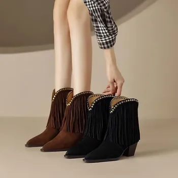 Марка дамски обувки, Ботуши-Дамски зимни обувки с цип, Мода 2023, Дамски гумени каубойски ботуши на висок ток, есенни ботильоны, среден флок, памук