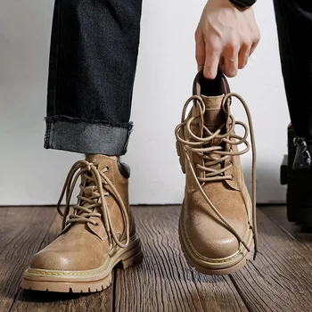 Мъжки обувки на платформа от естествена кожа, есен-зима модерни ежедневни жълти ботильоны, мъжки Нова дизайнерска мъжки обувки
