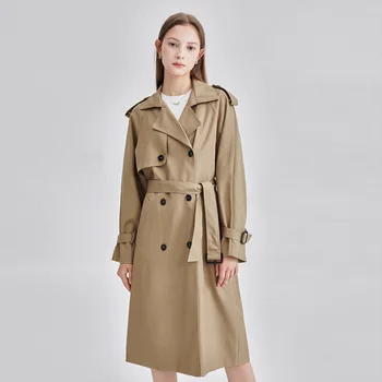 Нова дамски пролетно ветровка 2023 г., свободен двубортное драпированное палто със средна дължина, в разговорния стил, британското палто