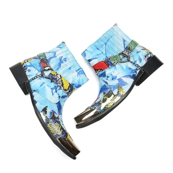 Нова Мъжки обувки от естествена кожа в корейски стил С квадратни пръсти, и веригата, Ботильоны от Змийска кожа, Зимни Модельная Бизнес Обувки Hombres Botas