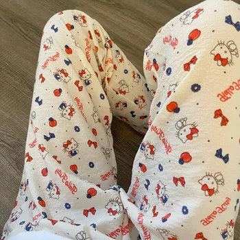 Нови сладък прави панталони с шарени аниме Hello Kitty Cinnamoroll, креативна личност, сексуална свободни широки панталони, пижамные панталони в подарък