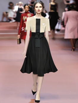 Ново лятно модно дизайнерско дамско винтажное рокля Миди с кръгло деколте и къс ръкав, с брошка с лък, Темпераментное рокля Midi