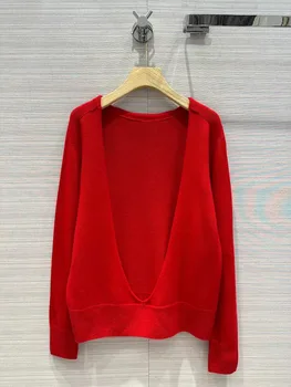 Новост 2023 г., женски есенно-зимен класически пуловер на червени и черни цветове с V-образно деколте, удобен пуловер райе за момичета