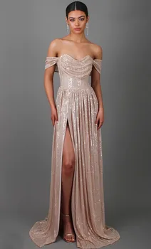 Облечи Флора Елегантна, цвят шампанско, Пенливи рокля за абитуриентски бал с отворени рамене, вечерна рокля трапецовидна форма с цепка отстрани, вечерни рокли за партита 2023