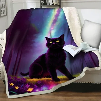 Плюшевое одеяло с шарките на черна котка с 3D модел, подаръци за любителите на котки, мек фланелен завивки за легла, диванные юргани, калъф за власинките