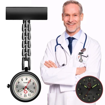 Практически черно часовници за медицински сестри, преносима брошка, окачване на гърдата Т-образен тип, малки часовници с светящимся дигитален циферблат, кварцов часовник за медицински сестри, д-р