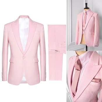 Розови мъжки костюми в малка кучешка клетка, ушити по поръчка, 2 броя, сако, жилетка на една пуговице, бизнес тънък сватбен костюм на младоженеца, изработена по поръчка, плюс размер