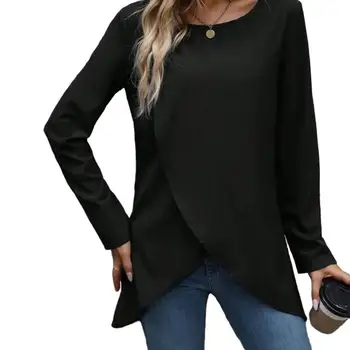 Стилен Женски пуловер неправилни форми, тънка тениска с дълъг ръкав за жени, модни дамски тениски с мека текстура неправилни форми