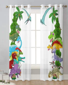 Тюлевая завеса с динозавром от кокосова палма за хола спални, Модерни, прозрачни завеси Прозрачна завеса прозорец